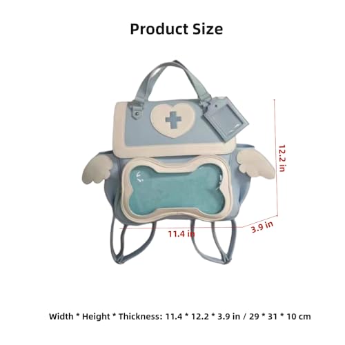 Image of Cute Puppy Bone Ita Bag Y2k Aesthetic Cute Backpack Waterproof PU Leather Backpack Cross and Angel Wings Ita Bag (Llight blue)