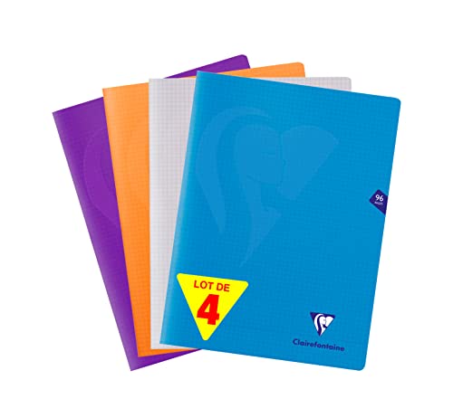 Clairefontaine 293362AMZC - Juego de 4 cuadernos con grapas Mimesys (24 x 32 cm, 96 páginas pequeñas, papel blanco 90 g, cubierta de poliuretano (azul, incoloro, naranja, violeta)