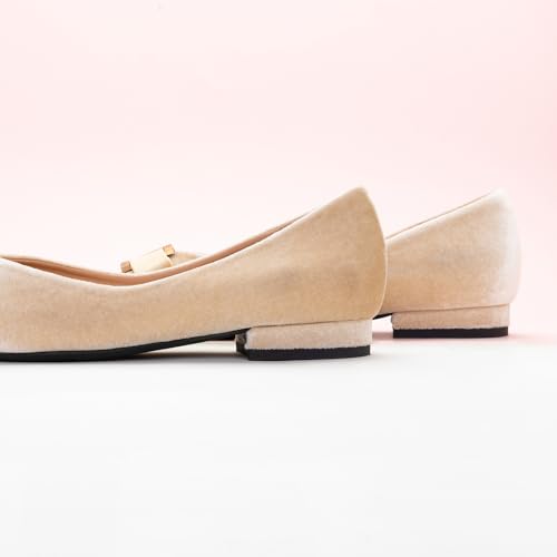 C.Paravano Women's Pointed Toe Ballet Flats with Bow Slip-On Dressy Flats for Women Comfortable Elegant Casual Shoes for Work Part Daily Wear(Beige,Velvet,Size 6.5)4