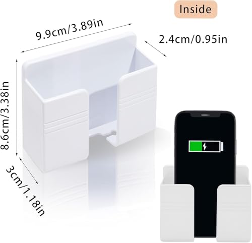 Image of Wall Mounted Mobile Holder with Charging Hole | Phone Stand Storage Case for Remote & Smartphone | Self Adhesive ABS Plastic Organizer for Bathroom, Kitchen, Bedroom | Pack of 4 (White)