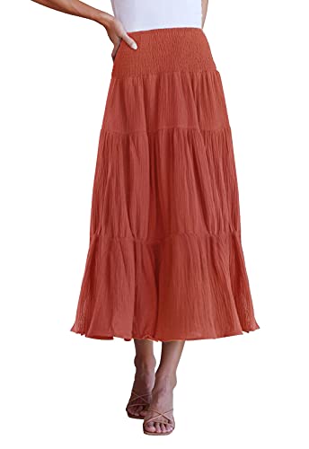 ZESICA Women s Casual High Elastic Waist Solid Color Ruffle A Line Swing Midi Skirt,RustRed,Large