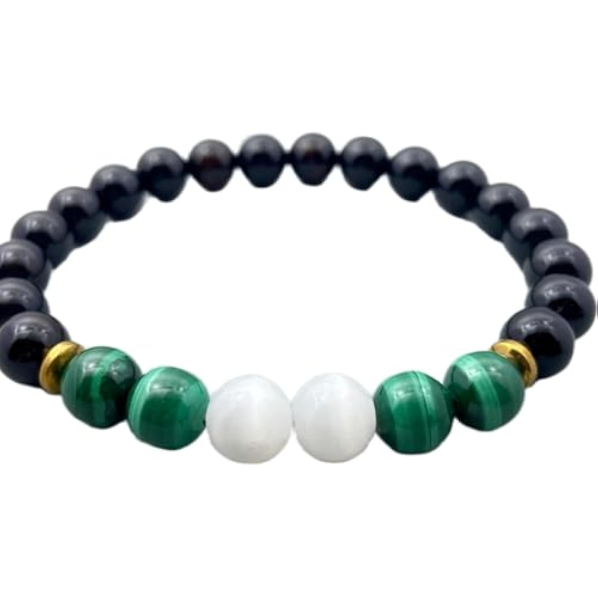 Natural Selenite, Black Onyx & Malachite 8mm Round Bead Stretchable Bracelet