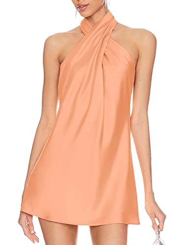 Belongsci Women's 2023 Summer Satin Dress Crisscross Sleeveless Halter Neck Cocktail Party Mini Dress #TOP18