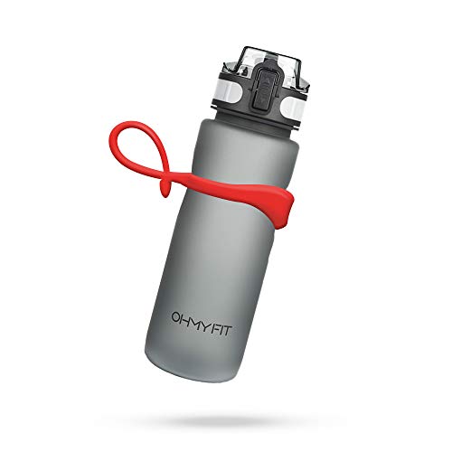 OHMY FIT Tritan Sports Water Bottle with Magnetic Silicone Carry Strap & One Click Open Cap -Magnetic Drink Holder Great for Metal Equipment -Bottle w/Straps for Backpack, Belt & More (30oz, Crimson)