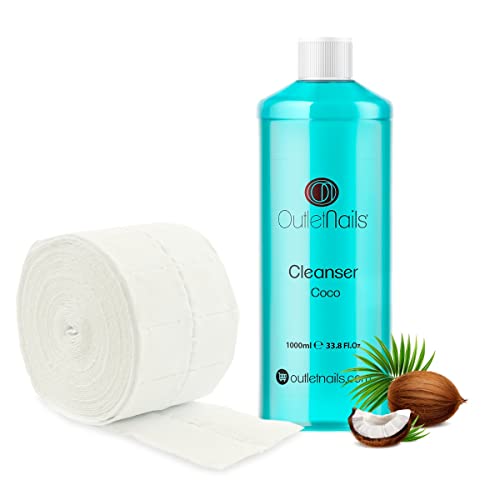 Cleaner para Gel 1000ml Aroma Coco Azul + 500 Celulosas de Alta Calidad Precortadas Eliminar la capa pegajosa de geles UV + Esmaltes permanentes