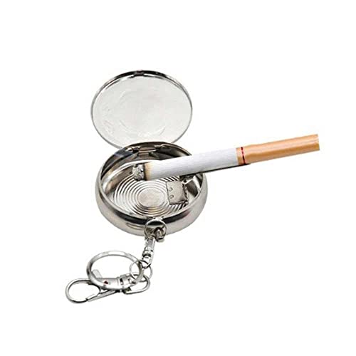 ASHTRAY Portable Ashtray with Lid and Key Ring, Pocket Ashtray, Metal Ashtrays and Cigarette Case with Sping Opening Stainless Steel Lid, Stainless Steel Silver, 50mm x 50mm x 0.9mm