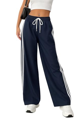 Image of SAKHWALA Women Track Pant | Women's Wide Leg Track Pants High Waist Drawstring Sweatpants with Side Stripes, Casual Loose Fit Lounge Joggers, Dark Grey