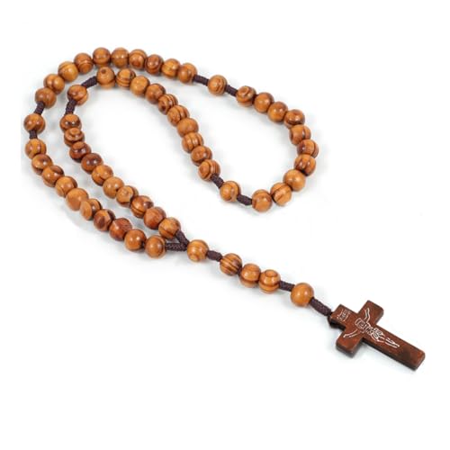 ARHZ Colar de rosário com cruz católica, rosários religiosos com medalha cruz, Jesus Cristo San Bento, para cristãos católicos, comunhão religiosa, batismo, massa, bíblia (castanho escuro), Metal