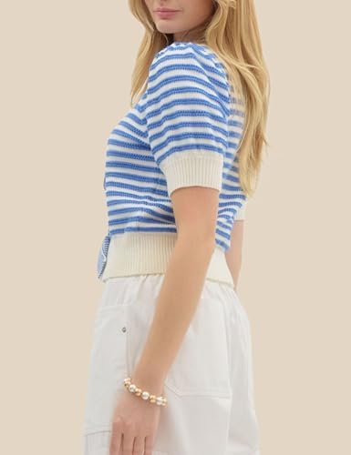Image of InterNos Womens Bow Front Short Sleeves Sweater Classic Striped V Neck Cropped Knit Pullover Tops