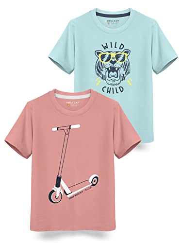 Image of HELLCAT Boys Round Neck Printed Blended Cotton Tshirt -Combo Pack of 2 - Orange /Blue