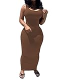 PINSV Women's Sexy Bodycon Tank Dress Basic Sleeveless Long Maxi Dresses Party Club Beach Sundresses L Coffee