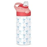 Kcldeci Coquette Wasserflasche mit blauer Schleife für Mädchen, Kaninchen, Kirsche, Erdbeere, niedliche Kinder-Wasserflasche mit Strohhalm, tragbarer, auslaufsicherer Wasserkrug für die Schule