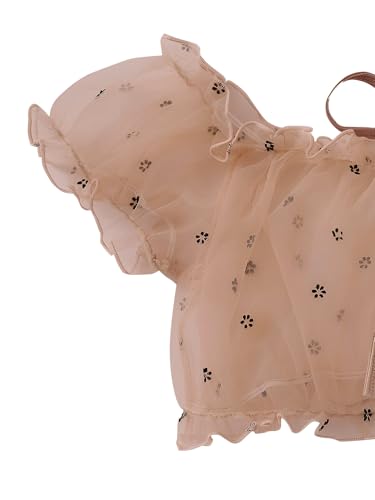 Image of Lilosy Sexy Stretch Ruffle Tie Sheer Mesh Lingerie Set Outfits 2 Piece Women Kawaii Cute See Through Matching Bra Panty Underwear Prints Beige Small
