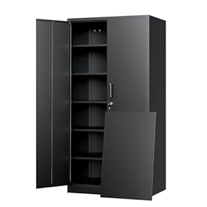 Yizosh Metal Storage Cabinet with Lock – 72″ Garage Storage Cabinet with 2 Locking Doors and 5 Adjustable Shelves, Black Steel Lockable File Cabinet for Office,Home,Garage