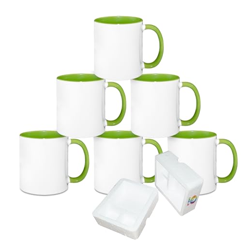MR.R Sublimation Blanks Dishwasher Ceramic Coffee Mugs with Green Color Mug Inner and Handle Drinking Cup Mug for Milk Tea Cola Water,11oz, Set of 6