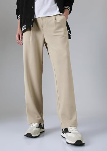 Image of KOTTY Men's Relaxed Fit Pleated Trousers|Casual Elastic Waist Straight Leg Pants with Pockets|Stylish Casual Wear