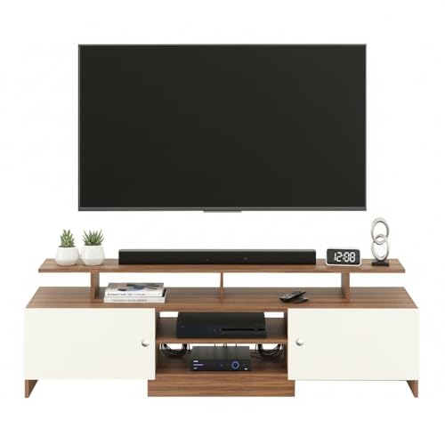 Image of FURNEASER KSV Modern TV Unit for Living Room | Engineered Wood TV Cabinet with Storage Shelves | Entertainment Center TV Stand for Home (Fits Up to 65 Inch TV) | DIY Space Saving (Exotic Teak & White)