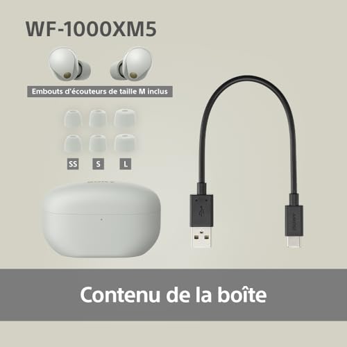 Sony WF-1000XM5 écouteurs sans Fil à réduction de Bruit, Bluetooth, Intra-Auriculaires avec Micro, 36 Heures d'autonomie, Charge Rapide, IPX4, Compatible iOS et Android - Argent
