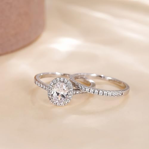 Image of EAMTI 1.5CT 925 Sterling Silver Cubic Zirconia Bridal Rings Sets Oval Cut CZ Engagement Rings Wedding Band For Women Size 4-10
