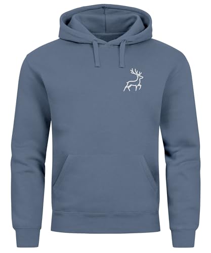Neverless® Hoodie Herren Print Aufdruck Hirsch Wald-Tiere Kapuzen-Pullover Männer Outdoor Fashion Streetstyle Indigo Blue XL