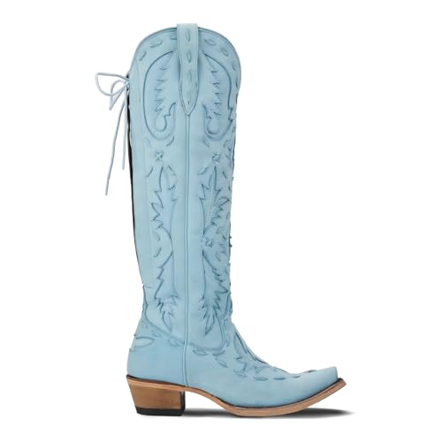 Knee High Cowboy Boots for Women Pointed Toe Side Zipper Cowgirl Boots Women's Back Lace up Chunky Heel Western shoes 5