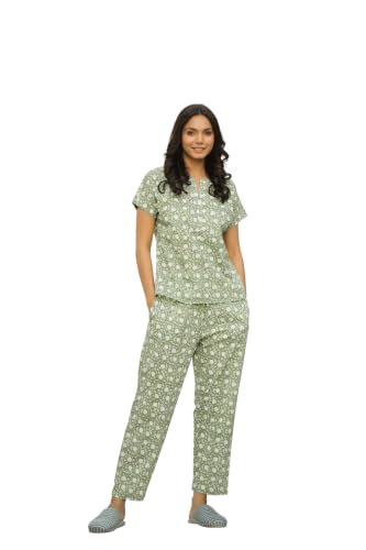 Image of SANSKRUTIHOMES Women's Premium 100% Cotton Printed Co-Ord Set | Short Sleeve Shirt & Pant Set | Pink Checkered Sun & Palm Tree Print | Casual Summer Resortwear, Vacation Wear & Comfortable Loungewear