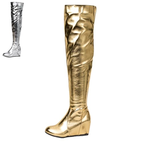 Women's Patent Leather Ruched Stretch Wedge Over the Knee Boots Fashion Comfortable Fall Winter Round Toe Side Zipper Pull On Pleated Dressy Thigh High Boots