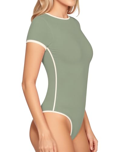 Image of MANGOPOP Women's Round Neck Short Sleeve Bodysuit T Shirts Basic Body Suit Tops