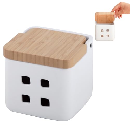 KOOK TIME Bote de ajos cocina con tapa de madera de bambú - Tarro de cocina para guardar ajos, de cerámica con agujeros de ventilación para su conservación óptima - Medidas: 11.5x11.5x11.5 cm