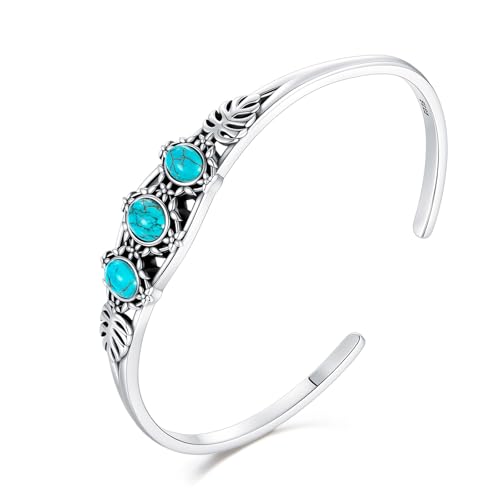 DOLIOX Genuine 3 Turquoise Stone Leaf Bracelet, Sterling Silver Native