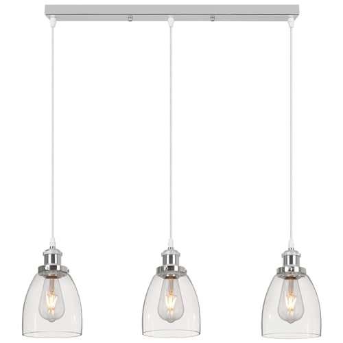 Image of FORCOSO 3 Way Glass Pendant Lights, Modern Ceiling Pendant Light Fixtures with Clear Glass Lampshade, Adjustable Height Industrial Hanging Lamp for Loft Kitchen Island Dining Table - Chrome