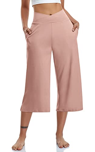 Image of TARSE Womens Casual Wide Leg Yoga Capris Crossover High Waist Capri Pants Loose Soft Pajama Pockets Sweatpants