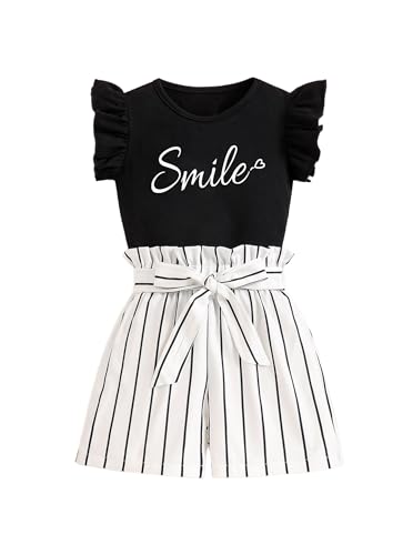 Image of Girls 2 Piece Outfits Summer Ruffle Sleeve Top and High Waisted Striped Shorts Set for Girls 7-14