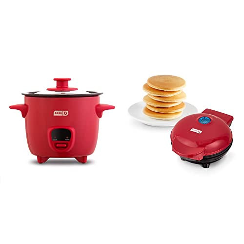 Dash DRCM200GBRD04 Mini Rice Cooker Steamer, Red & DMS001RD Mini Maker Electric Round Griddle for Individual Pancakes, Cookies, Eggs & other on the go Breakfast, Lunch & Snacks, Red