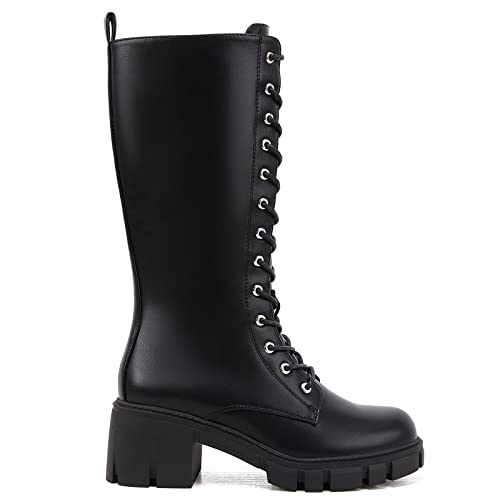 Tinstree Mid Calf Combat Boots Black,Street Style Fashion Women's Knee High Platform Boots Buckle Leather Combat Lace Up Booties Side Zip-Up Mid-Calf Boots Black,8 #TOP3