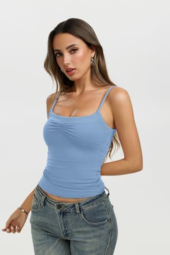 REORIA Womens Sexy Square Neck Tank Tops Adjustable Spaghetti Straps Cami Shirts Summer Basic Double Lined Y2K Trendy Going Out Tops, Blue Large — view 2