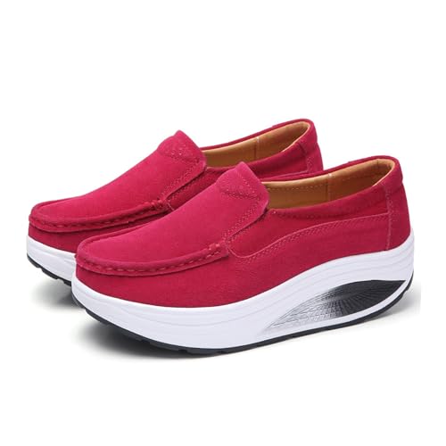 Image of Aceptolcom Women's Red Suede Platform Wedge Loafers, Casual Comfort Good Arch Support Slip On Shoes, Size 4.5-9.5