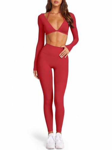 Womens 2 piece Matching Sets High Waisted Legging Set Gym Yoga Outfit Red,S | Two Piece Workout Sets,Built in Bra,Long Sleeve Workout Tops,Yoga Legging,Matching Sets,Halter Neck,Fall Winter Outfits 2026 - image 1