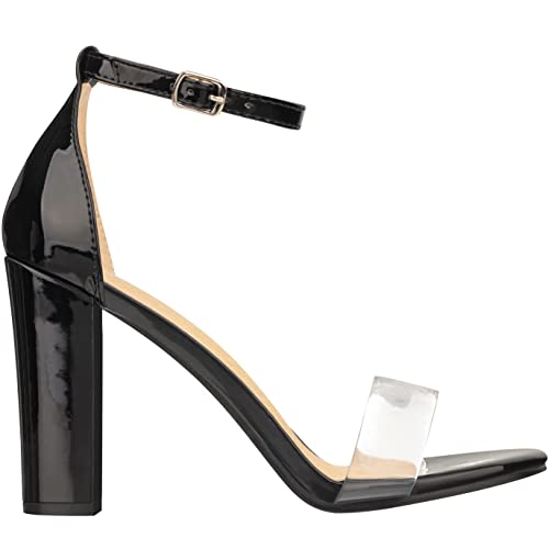 Illude Women’s Open Toe Ankle Strap Chunky Block High Heel - Formal, Wedding, Party Classic Heeled Sandals - Ruby (7, Clear Black) #TOP1