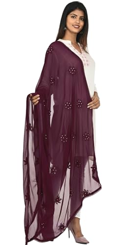 Image of YOUTHQUAKE Flower Embroidered Diamond Work Chiffon Dupatta for Womens & Girls With 4 Side Lace