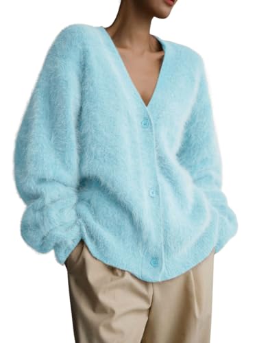 Image of chouyatou Women Furry Open Front Cardigan V-Neck Loose Casual Fluffy Knit Button Down Sweater Coat