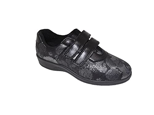 Zapato de Mujer/Percla/Textil y Licra/Suela Poliuretano/Cuña 3cm/Color Negro y Plata/Cierre Velcro/Talla 38 Cover