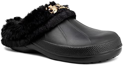 Juicy Couture Womens Fur Lined Clogs Indoor Outdoor Mules JC Warm and Fuzzy Shoes with Stylish Crown Emblem -Cora Black-7