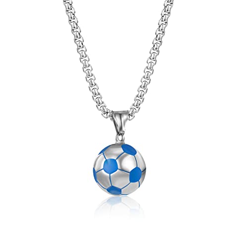 Yaomiao Fußball Halskette Edelstahl Fußball Charm Halskette Kette Fußball Anhänger Geschenke für Mädchen Jungen Kinder Unisex Schmuck mit Kette Fußball Anhänger Halskette (Blau)