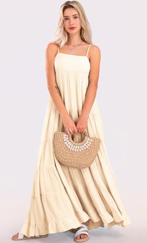 Image of loveimgs Women Summer Spaghetti Strap Smocked Maxi Dress Tiered Ruffle Sleeveless Long Flowy Dress Beach Sundress