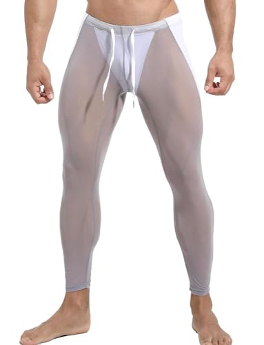Panegy Herren Transparent Hose Sport Fitness Muskelleggings mit Tunnelzug Durchsichtige Unterhosen Größe L-Grau