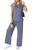 GRECERELLE Conjunto de dos piezas para mujer Verano Vacaciones Traje de chándale Conjunto completo para mujer de manga corta informal Cuello redondo Cuello de sisa delantero Plisado conjuntos a juego