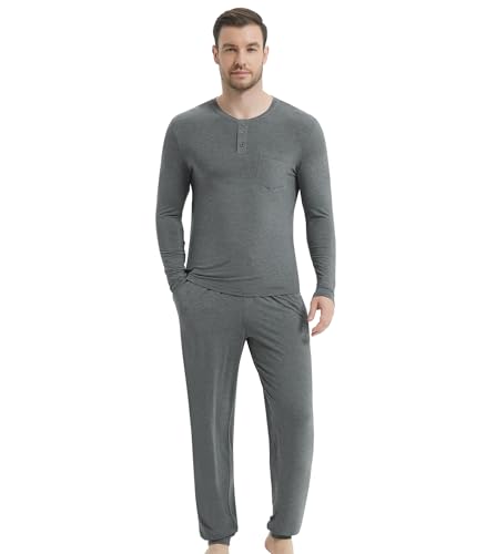 Image of NACHILA Mens Pajamas Set Long Sleeve Henley Sleepwear Top Soft Jogger Pants Pajamas Cool Pjs Set,Viscose Made from Bamboo