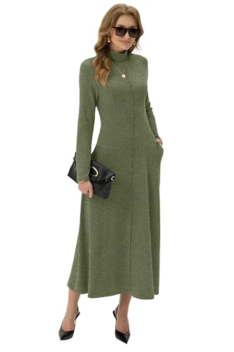 GRECERELLE Women's 2025 Fall Winter Casual Mock Neck Long Sleeve Flared Maxi Sweater Dress with Pockets (XS - 3XL)