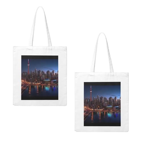 (Cityscape Night Canada) Reusable Canvas Tote Bag For Women Shoulder Bag For Shopping Grocery Beach Travel Work2
